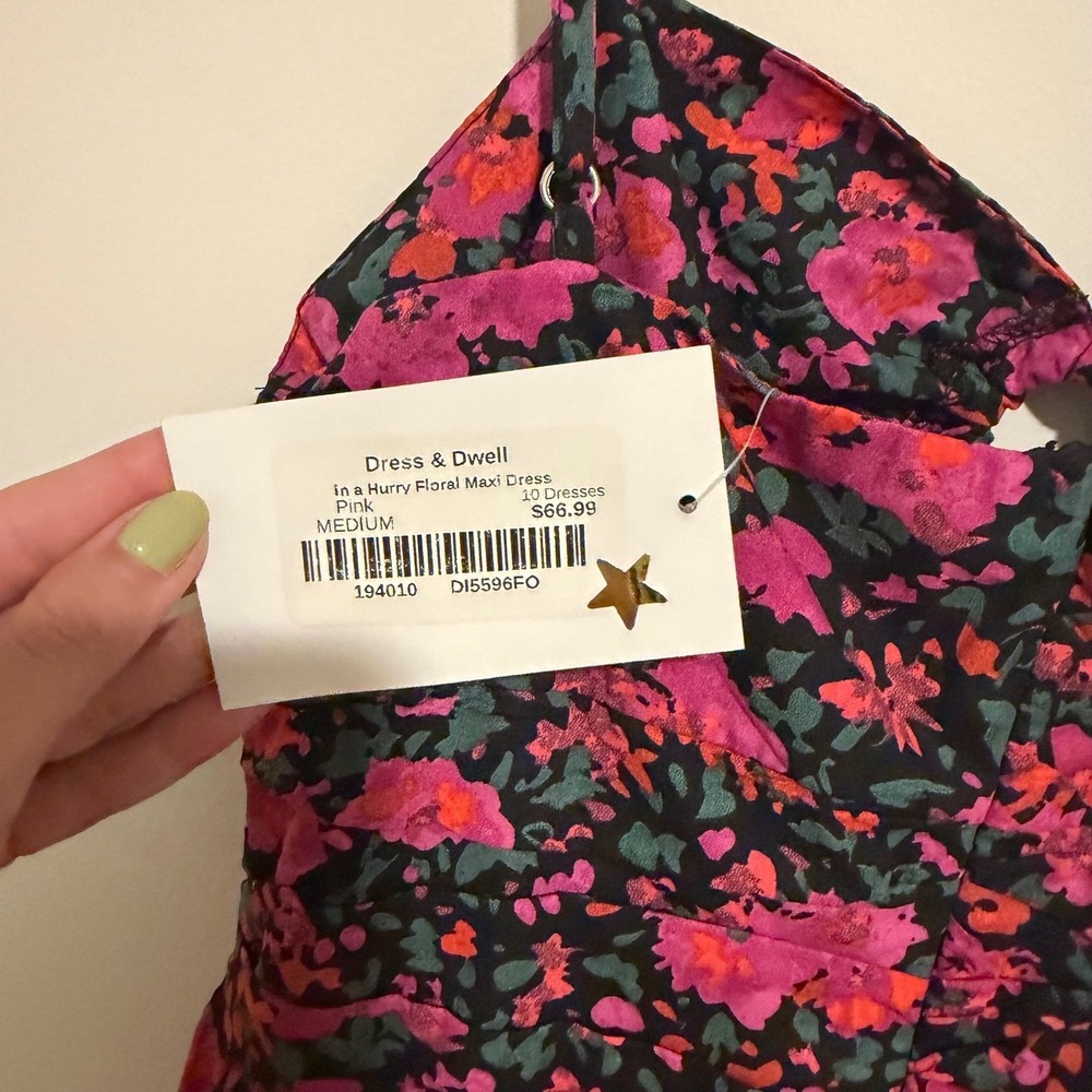 FORE Dress & Dwell In A Hurry Floral Maxi Dress Pink Orange Cutout Medium NEW - Picture 6 of 7